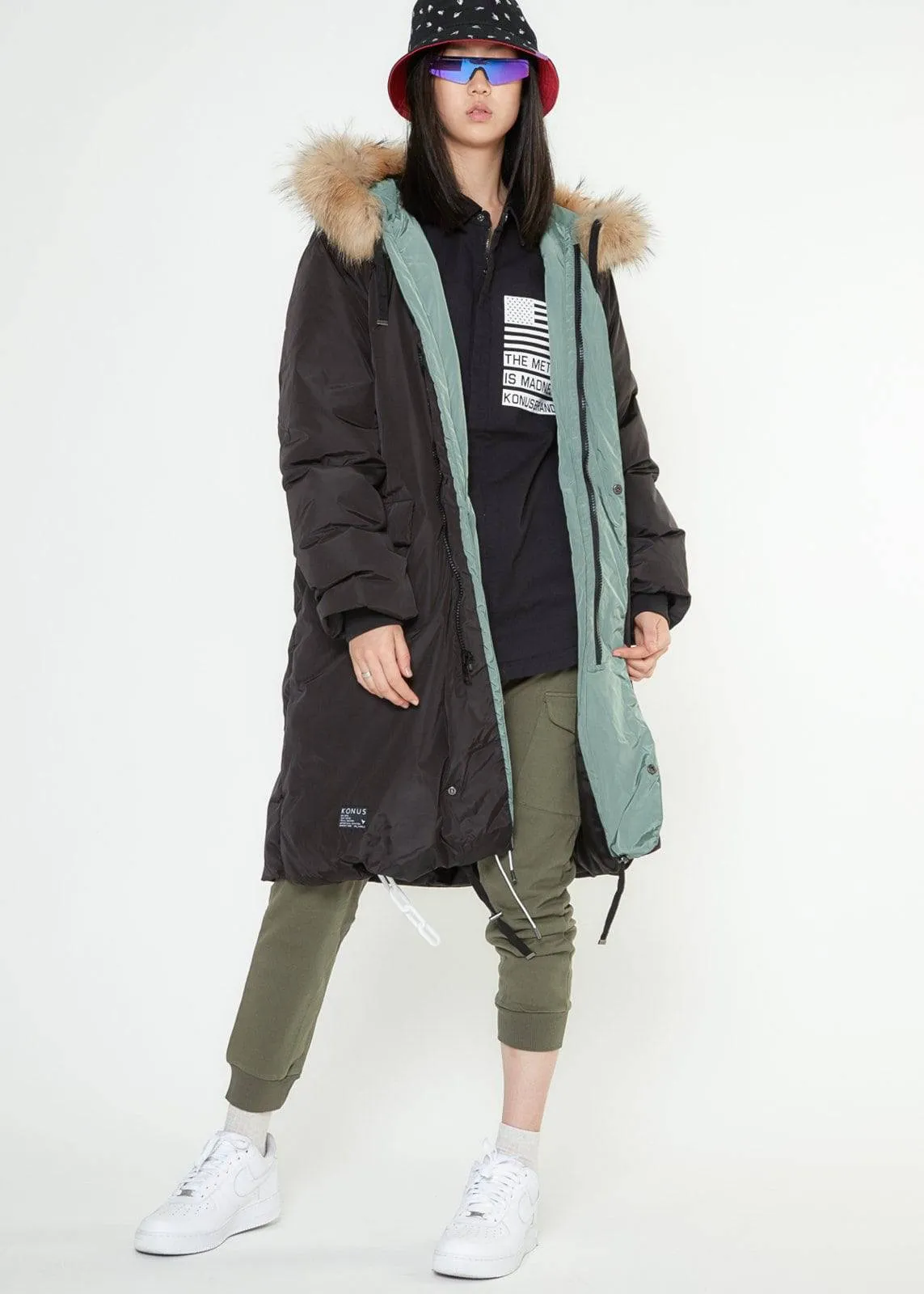 Konus Men's Long Duck Down Hooded Parka with Fur  - Black/Olive