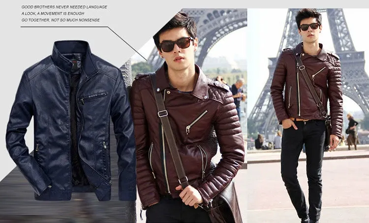 Korean-Style Slim-Fit Trendy Handsome Casual Stand Collar Leather Jacket