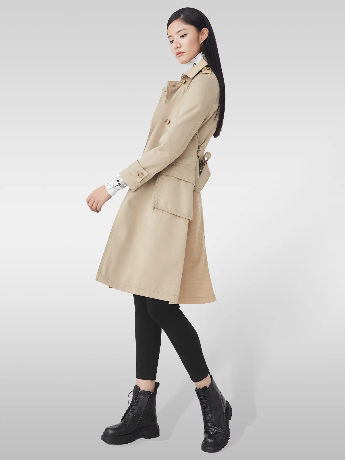 Lapel Double Breasted Waist Long Trench Coat