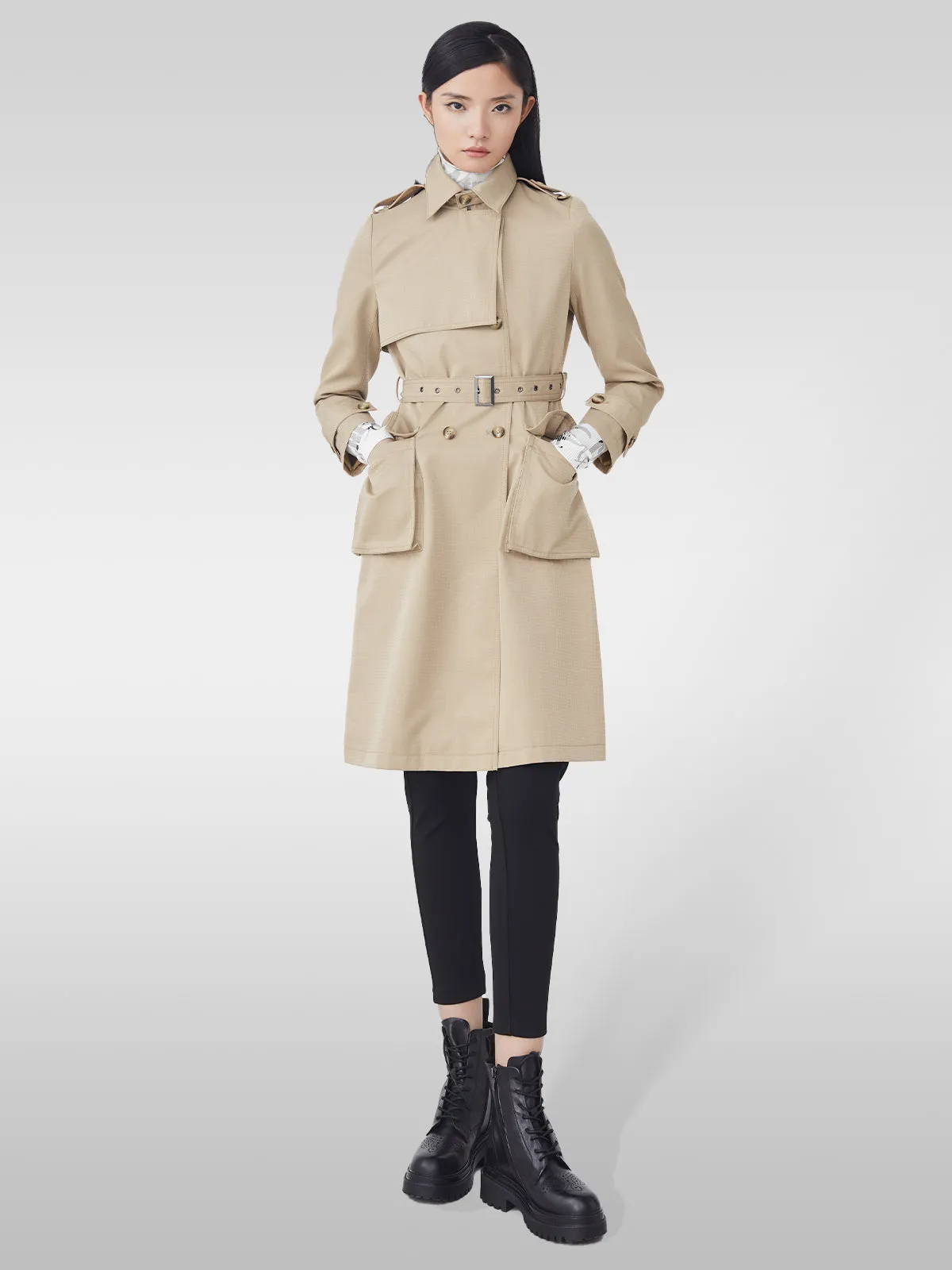 Lapel Double Breasted Waist Long Trench Coat