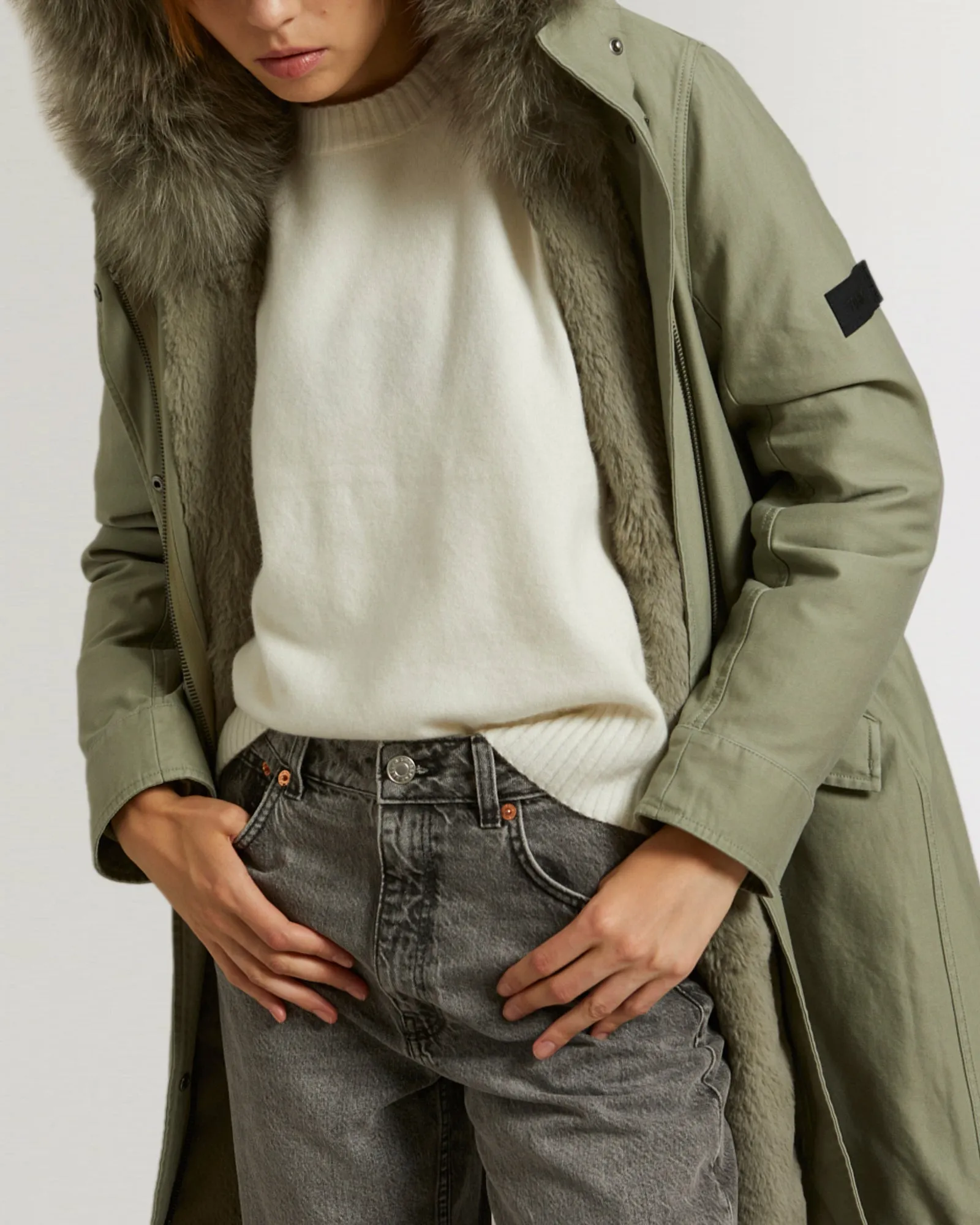 Long cotton parka with rabbit and fox fur