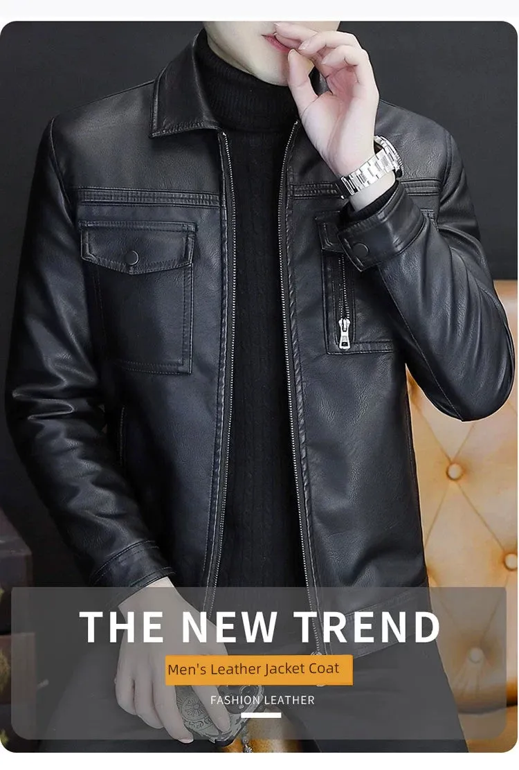 Men Leather Coat Motorcycle Clothing Short Chic Fleece Padded Coat Autumn and Winter Trends Handsome Slim-Fitting Lapel PU Leather Jacket