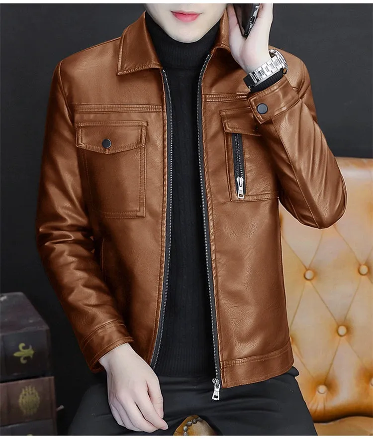 Men Leather Coat Motorcycle Clothing Short Chic Fleece Padded Coat Autumn and Winter Trends Handsome Slim-Fitting Lapel PU Leather Jacket