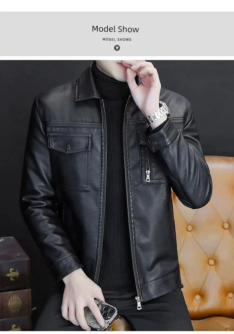 Men Leather Coat Motorcycle Clothing Short Chic Fleece Padded Coat Autumn and Winter Trends Handsome Slim-Fitting Lapel PU Leather Jacket