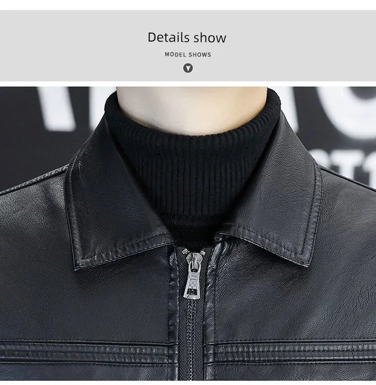 Men Leather Coat Motorcycle Clothing Short Chic Fleece Padded Coat Autumn and Winter Trends Handsome Slim-Fitting Lapel PU Leather Jacket