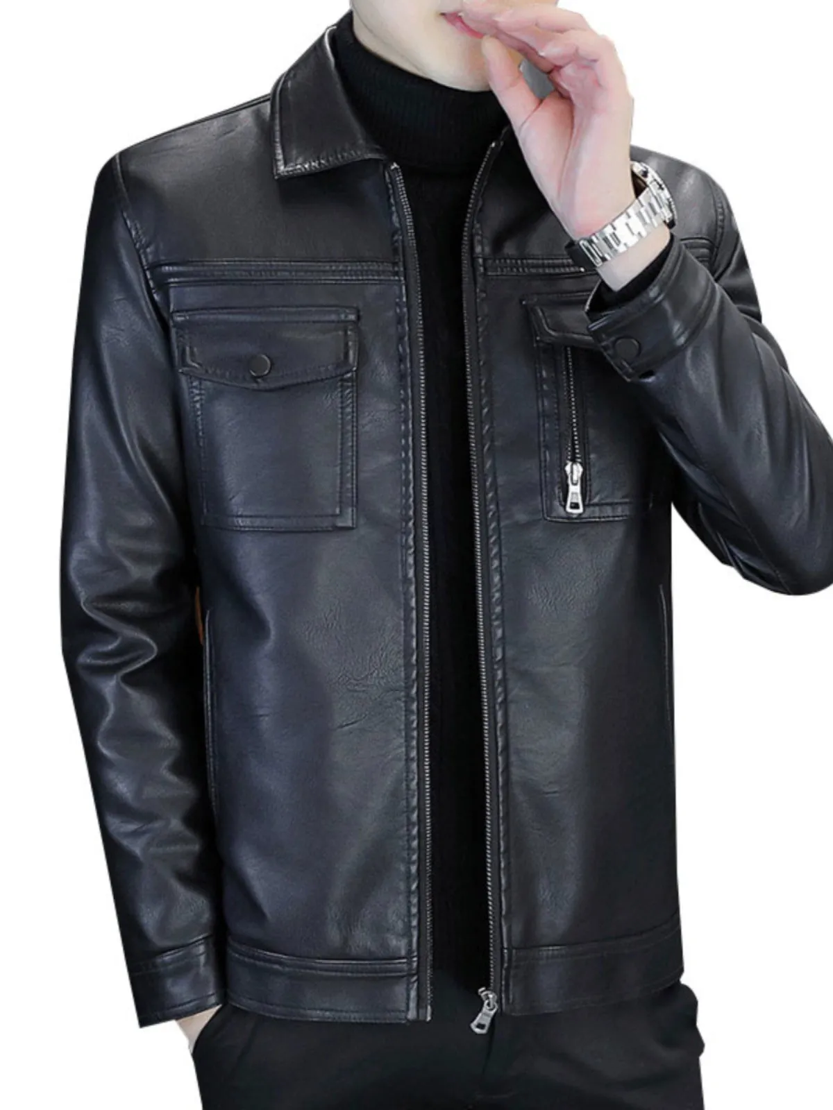 Men Leather Coat Motorcycle Clothing Short Chic Fleece Padded Coat Autumn and Winter Trends Handsome Slim-Fitting Lapel PU Leather Jacket