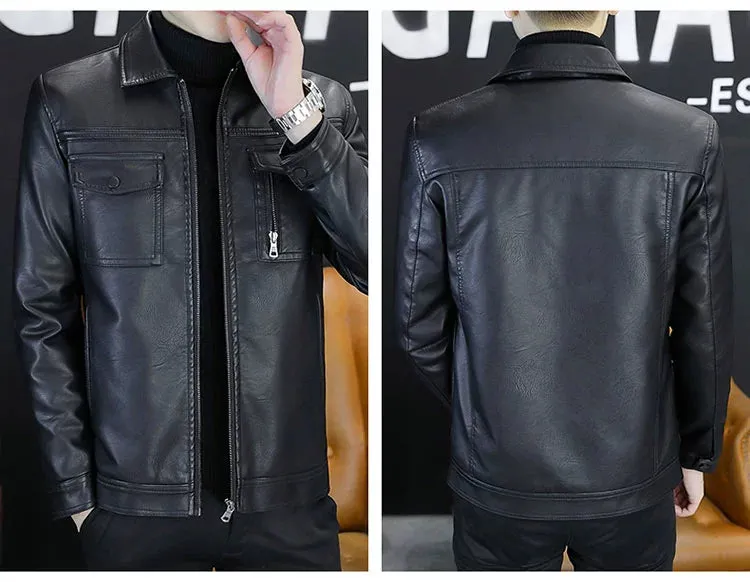 Men Leather Coat Motorcycle Clothing Short Chic Fleece Padded Coat Autumn and Winter Trends Handsome Slim-Fitting Lapel PU Leather Jacket