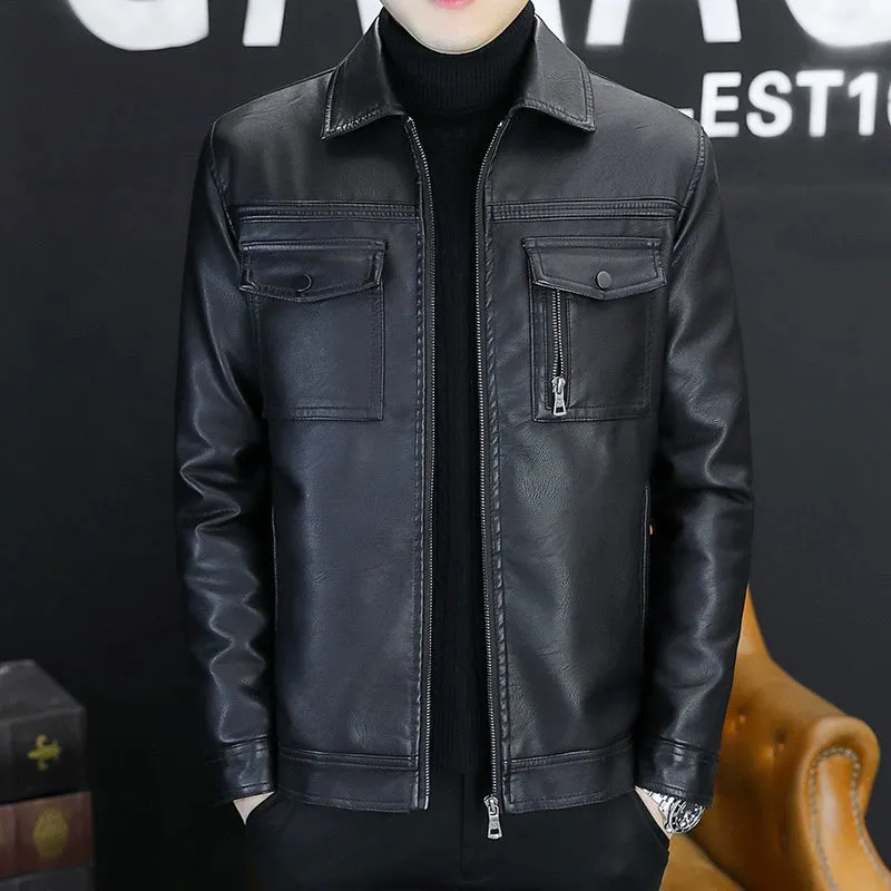 Men Leather Coat Motorcycle Clothing Short Chic Fleece Padded Coat Autumn and Winter Trends Handsome Slim-Fitting Lapel PU Leather Jacket