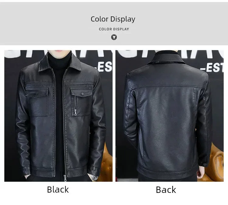 Men Leather Coat Motorcycle Clothing Short Chic Fleece Padded Coat Autumn and Winter Trends Handsome Slim-Fitting Lapel PU Leather Jacket