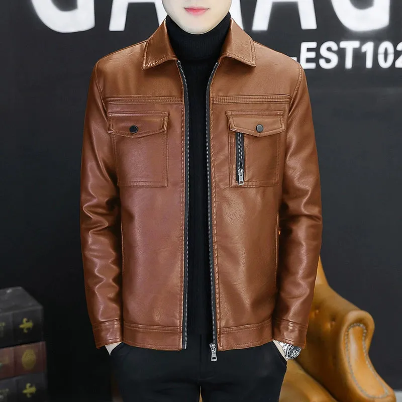 Men Leather Coat Motorcycle Clothing Short Chic Fleece Padded Coat Autumn and Winter Trends Handsome Slim-Fitting Lapel PU Leather Jacket