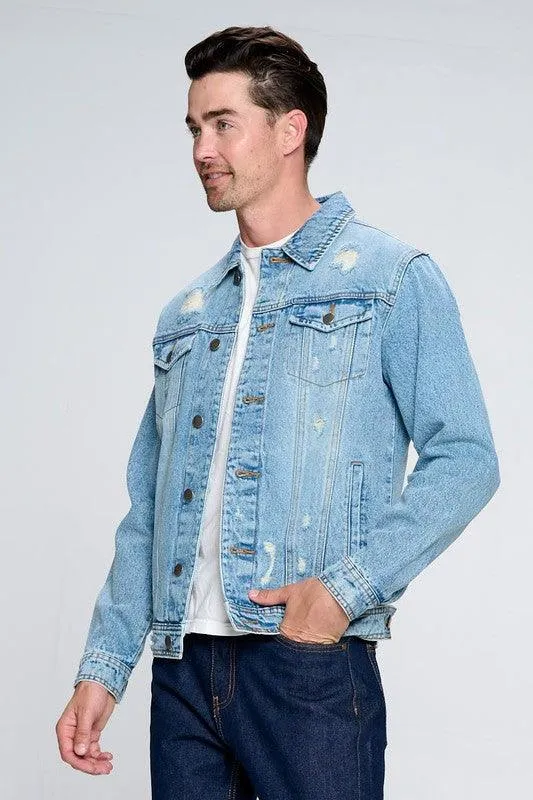 Mens Light Denim Blue Jean Jacket with Distressed