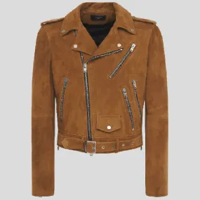 Mens Tan Brown Suede Leather Biker Jacket