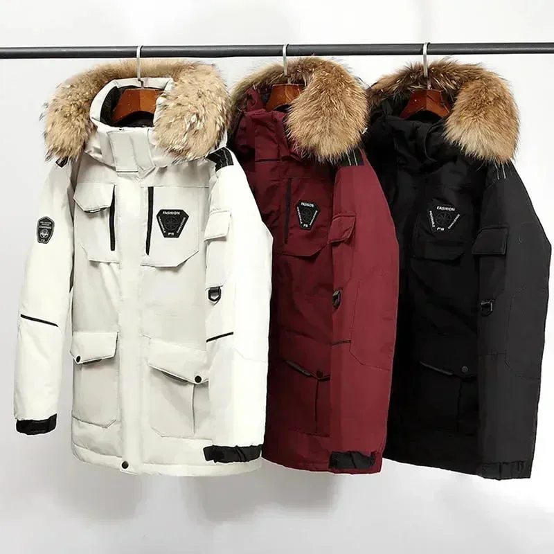 Men's Winter Down Jacket 90% White Duck Down Parkas Coat Mid-Length Fur Collar -30 Degrees