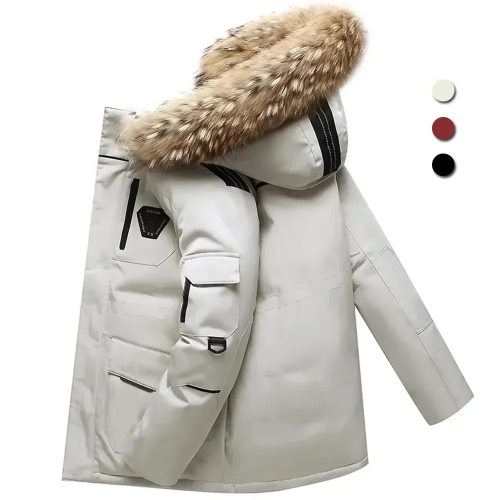 Men's Winter Down Jacket 90% White Duck Down Parkas Coat Mid-Length Fur Collar -30 Degrees