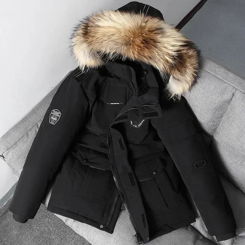 Men's Winter Down Jacket 90% White Duck Down Parkas Coat Mid-Length Fur Collar -30 Degrees