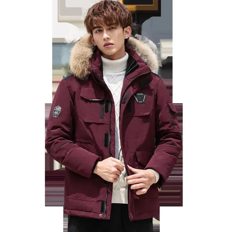 Men's Winter Down Jacket 90% White Duck Down Parkas Coat Mid-Length Fur Collar -30 Degrees