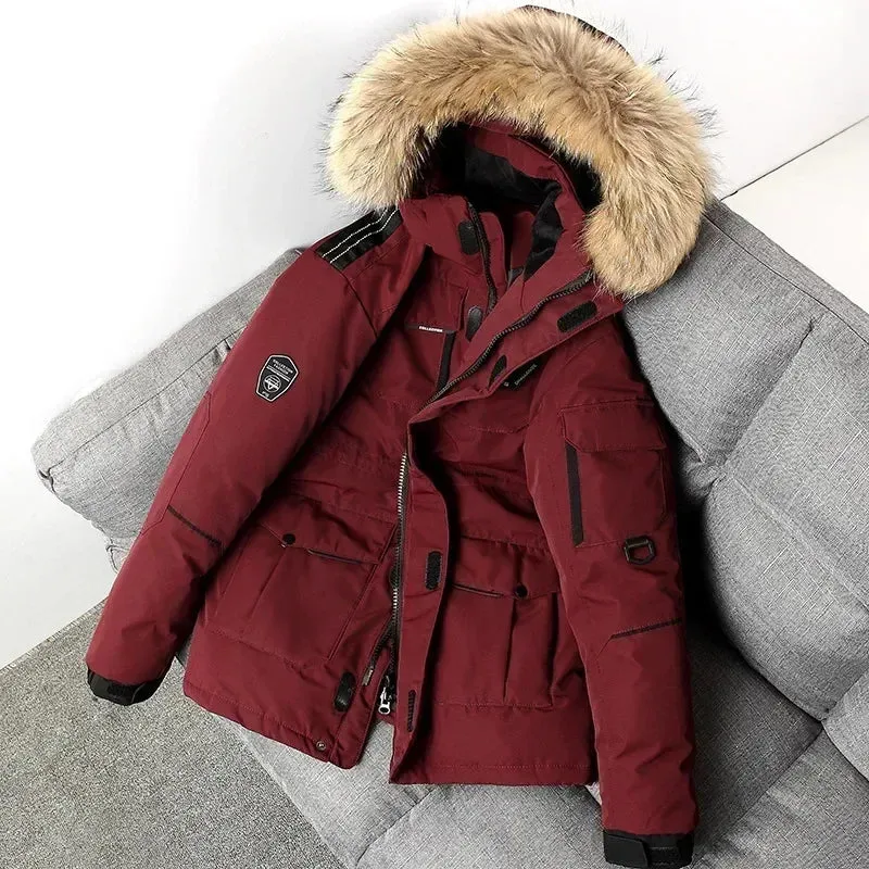 Men's Winter Down Jacket 90% White Duck Down Parkas Coat Mid-Length Fur Collar -30 Degrees