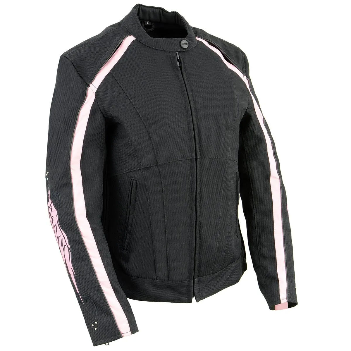 Milwaukee Leather SH1954 Women's Black and Pink Textile Jacket with Stud and Wings Detailing