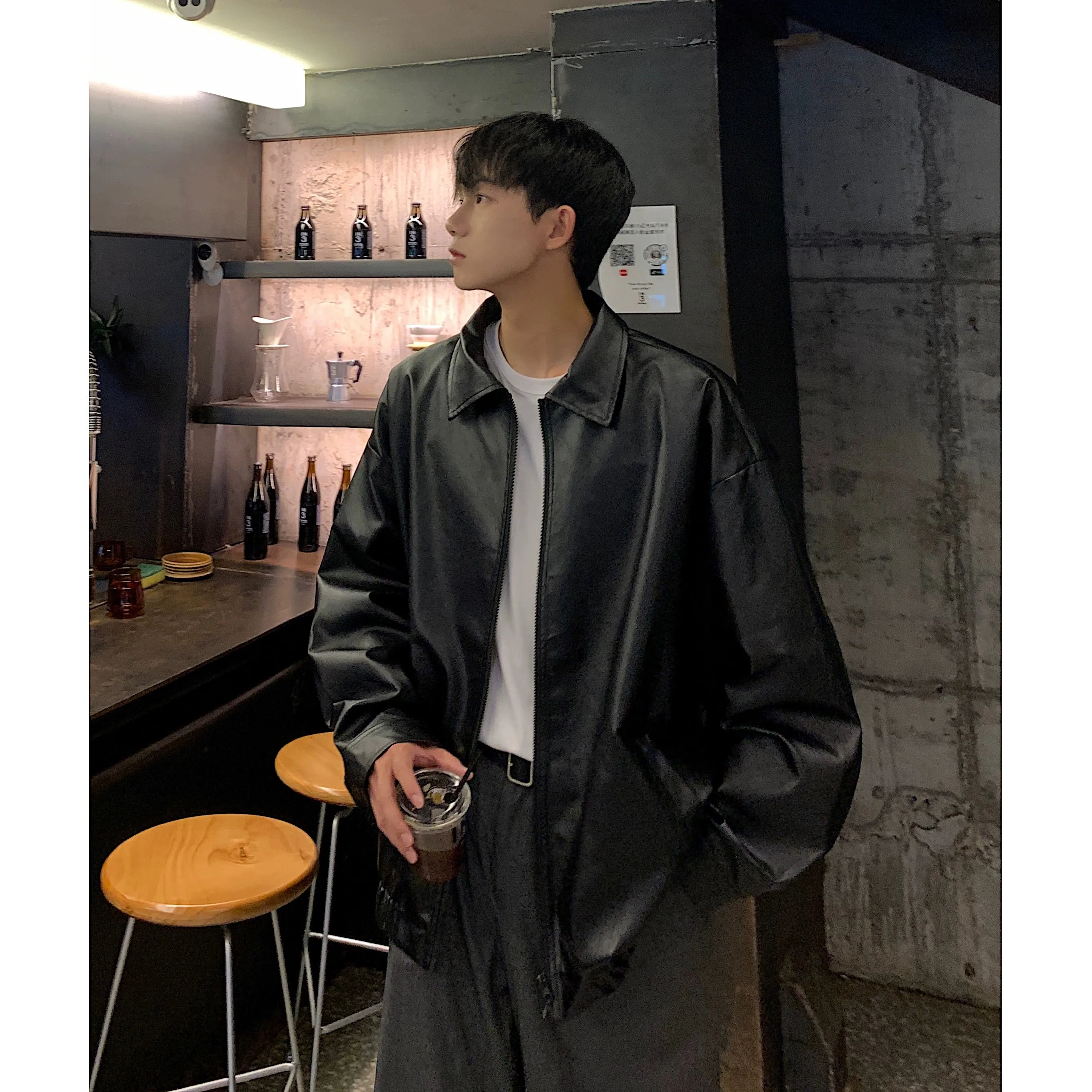 Motorcycle Leather Coat Outerwear Men's Spring and Autumn Pu Shuai This Year Popular American Fashion Brand High-Grade PU Leather Jacket Men's