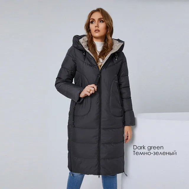 New Women Coat High Collar long Thick Women's Down Jacket Female  Fashion Side Zipper L-4XL Elegant Hood Parka 6079