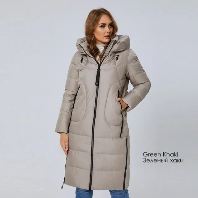 New Women Coat High Collar long Thick Women's Down Jacket Female  Fashion Side Zipper L-4XL Elegant Hood Parka 6079