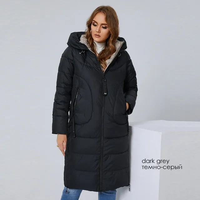 New Women Coat High Collar long Thick Women's Down Jacket Female  Fashion Side Zipper L-4XL Elegant Hood Parka 6079