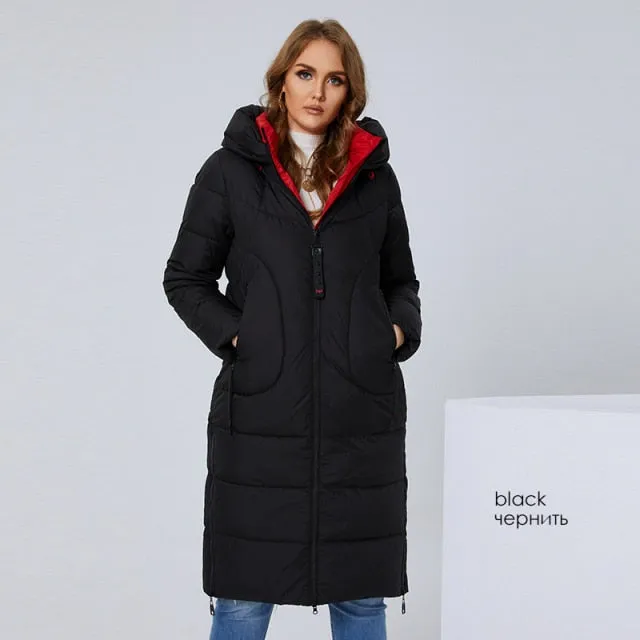 New Women Coat High Collar long Thick Women's Down Jacket Female  Fashion Side Zipper L-4XL Elegant Hood Parka 6079