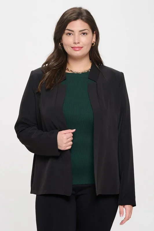 Notch Collar Long Sleeve Blazer - Black