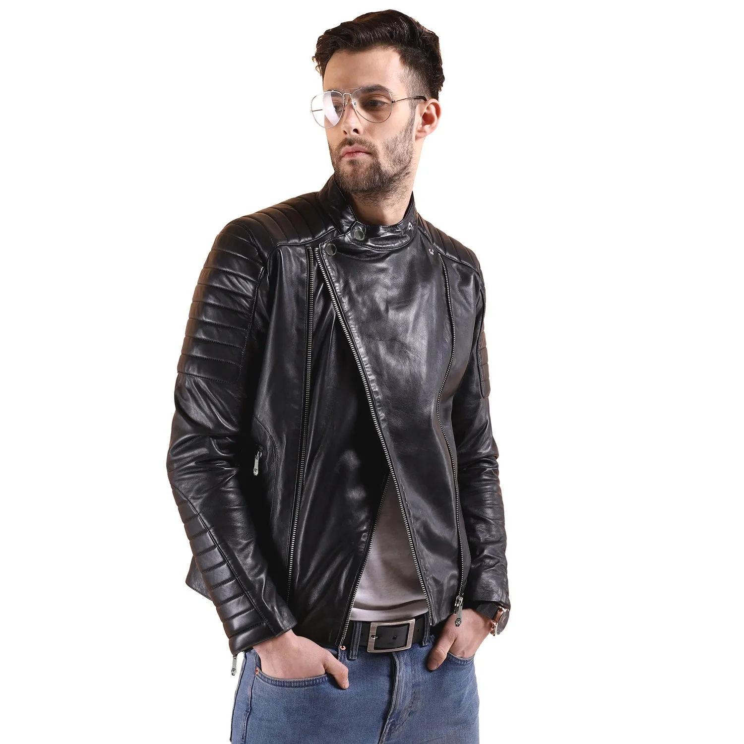 Padded Slim Fit Zipper Style Men's Black Leather Biker Jacket By Brune & Bareskin