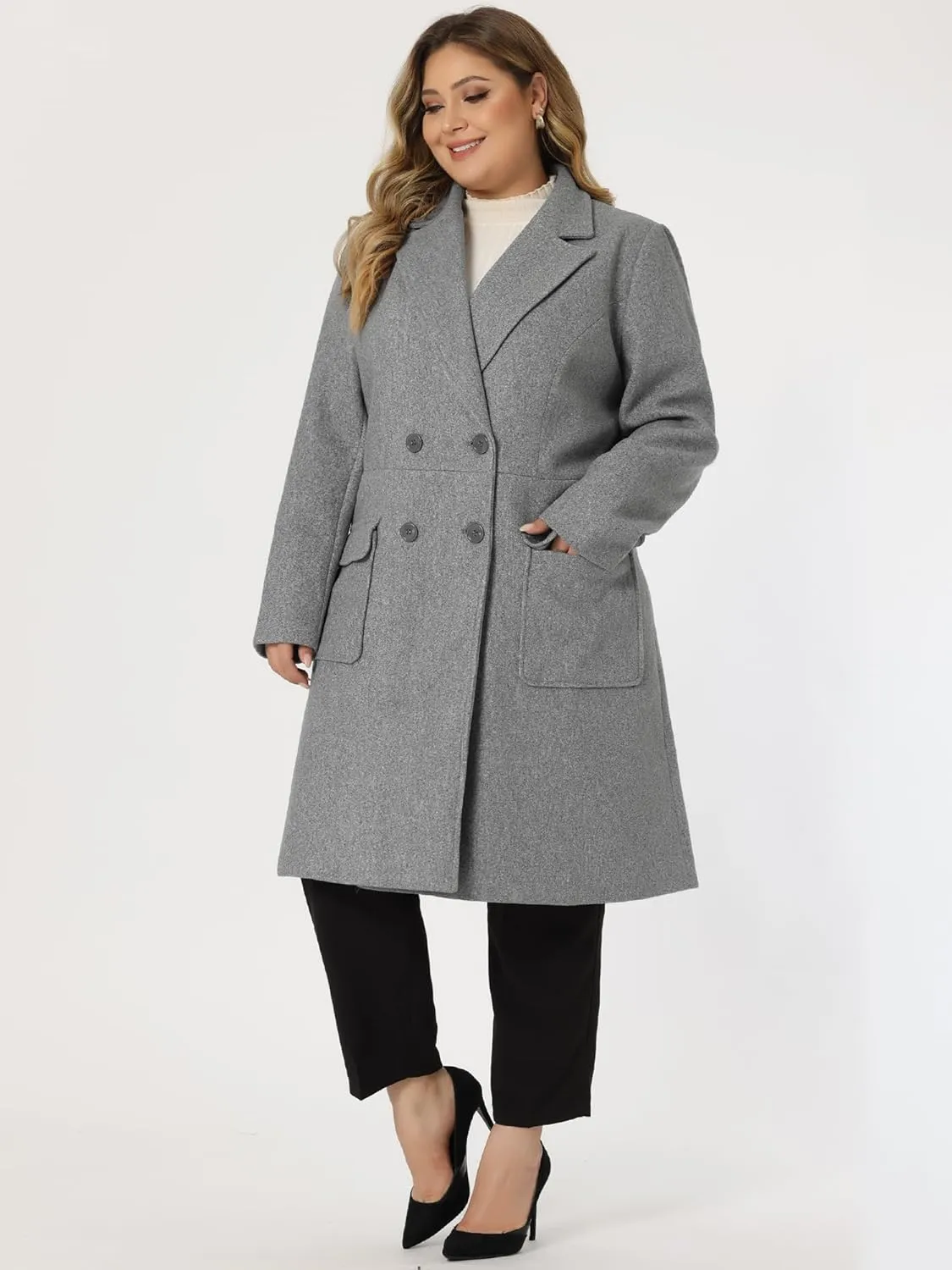 Plus Size Modern Grey Double Breasted Long Sleeve Trench Coat