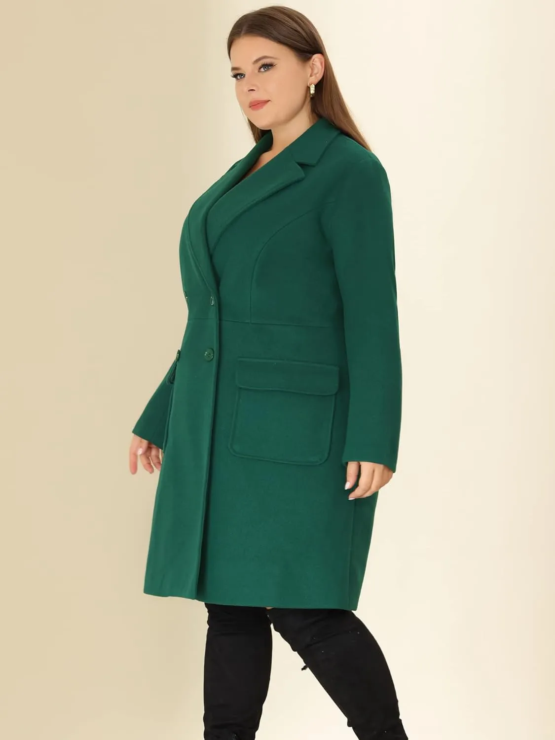 Plus Size Modern Hunter Green Double Breasted Long Sleeve Trench Coat