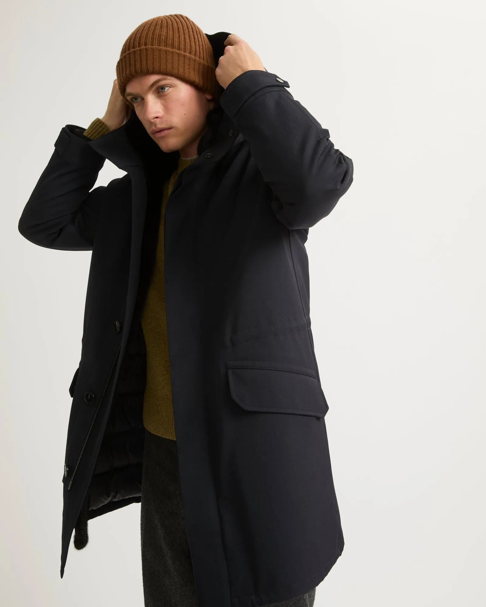 Regular parka in technical wool and mink fur