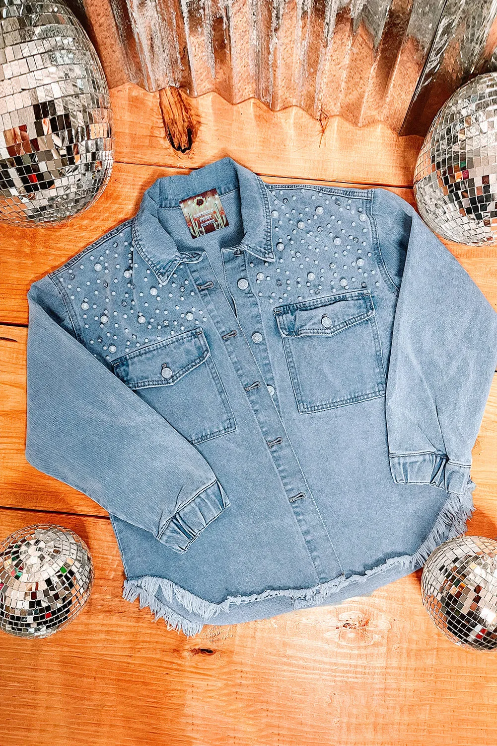 Rhinestone Pearls Denim Shacket