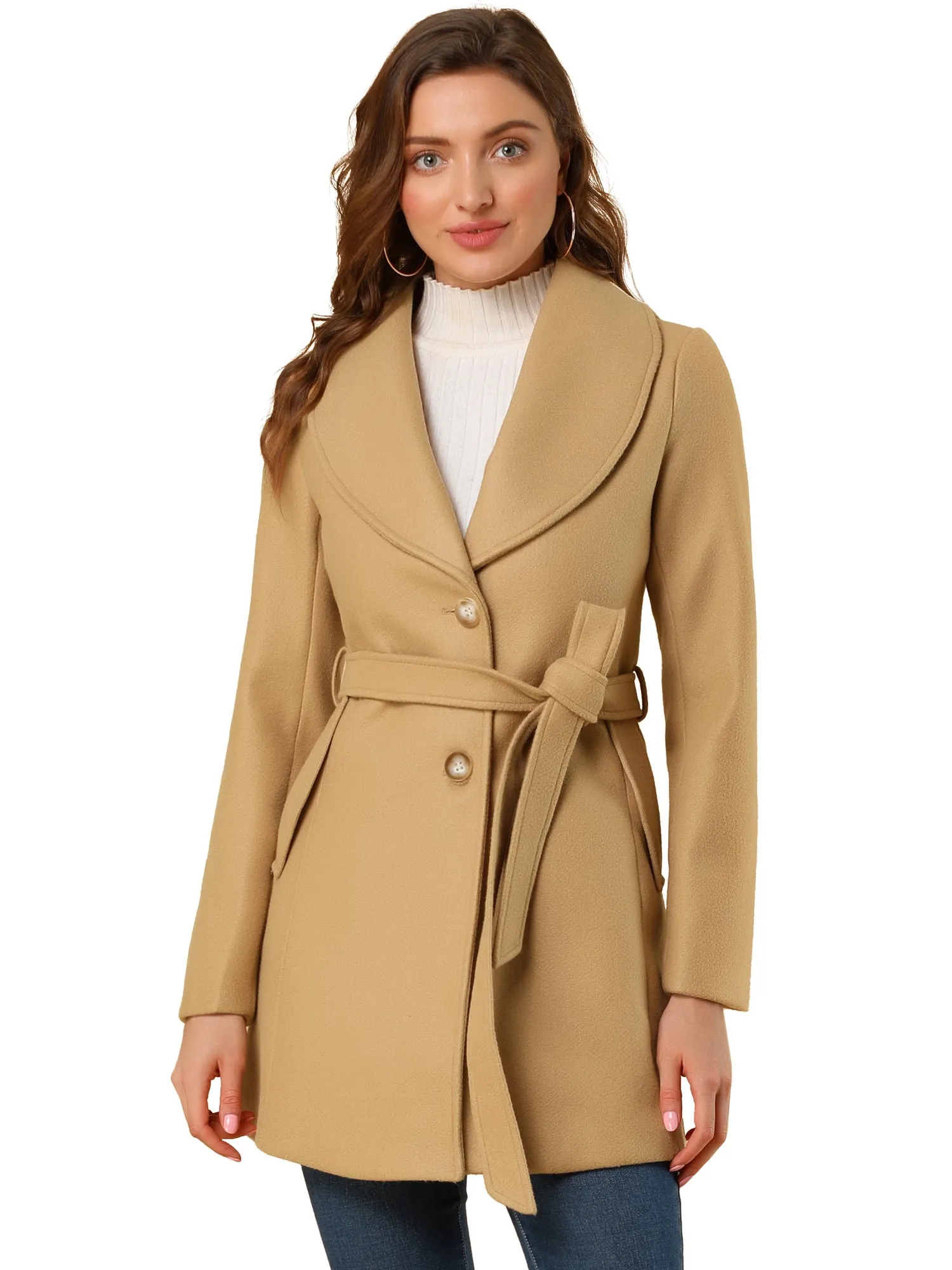 Shawl Collar Single Breasted Winter Long Belted Coat