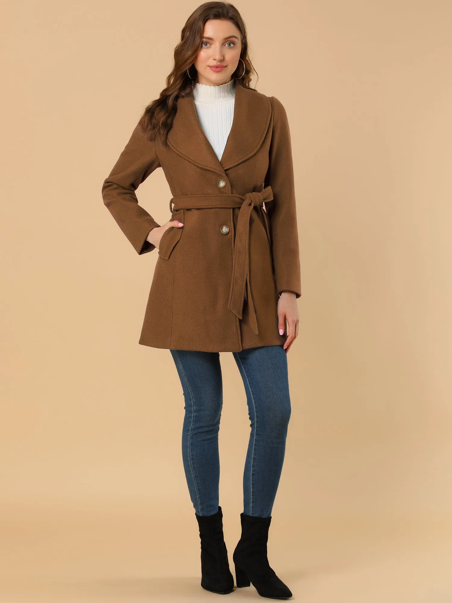 Shawl Collar Single Breasted Winter Long Belted Coat