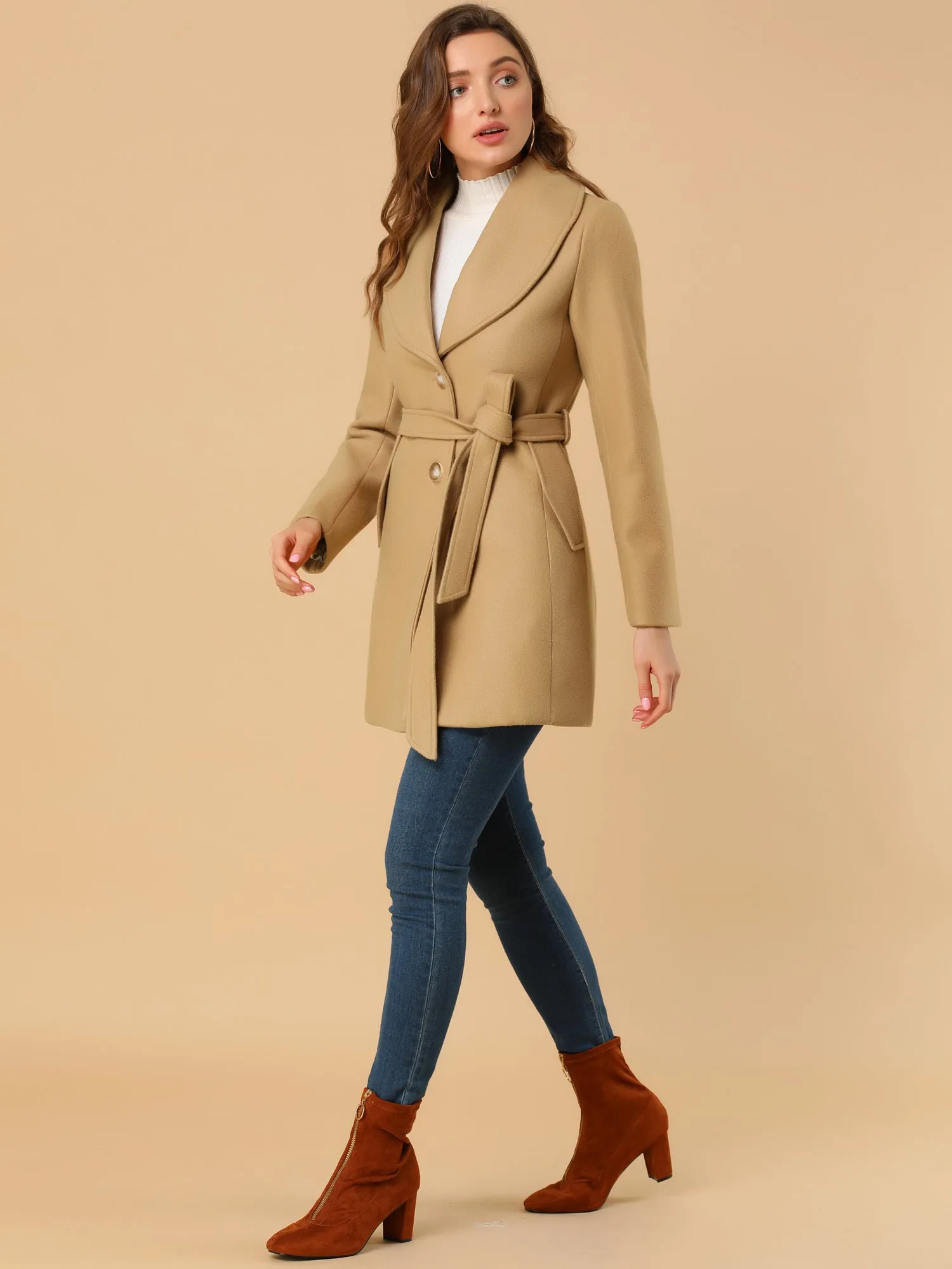 Shawl Collar Single Breasted Winter Long Belted Coat