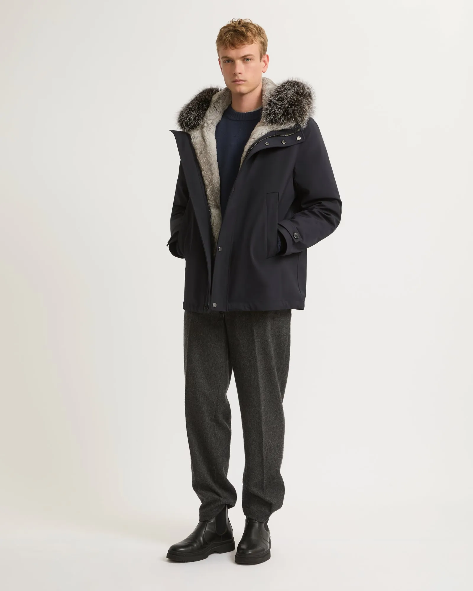 Short parka in technical wool and fur