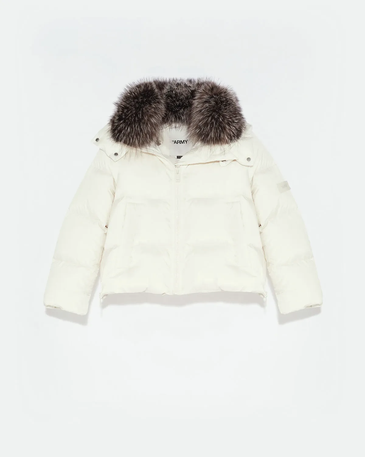 Short "A" line down jacket in water-repellent technical fabric with fox fur collar