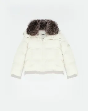 Short "A" line down jacket in water-repellent technical fabric with fox fur collar