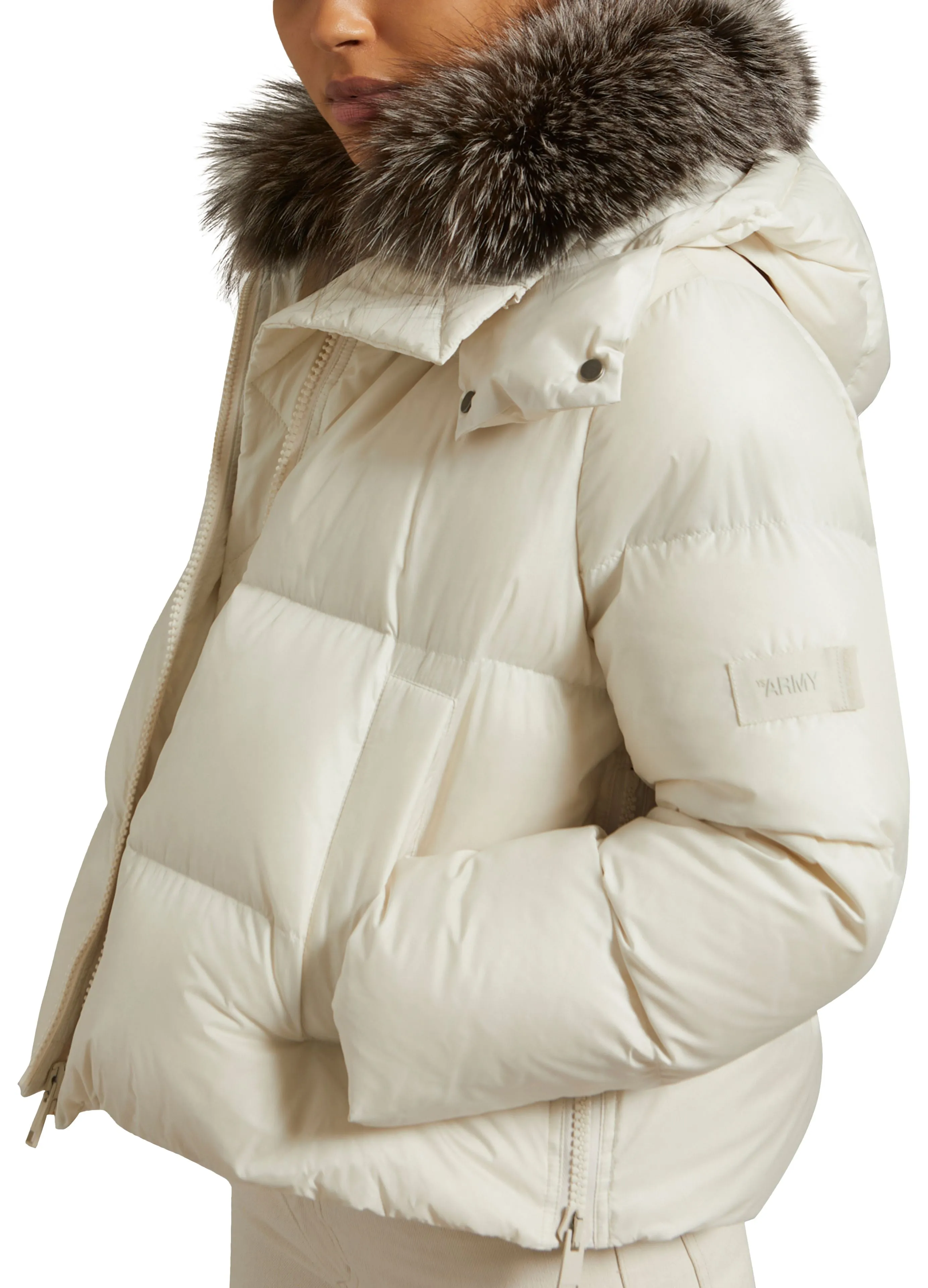 Short "A" line down jacket in water-repellent technical fabric with fox fur collar