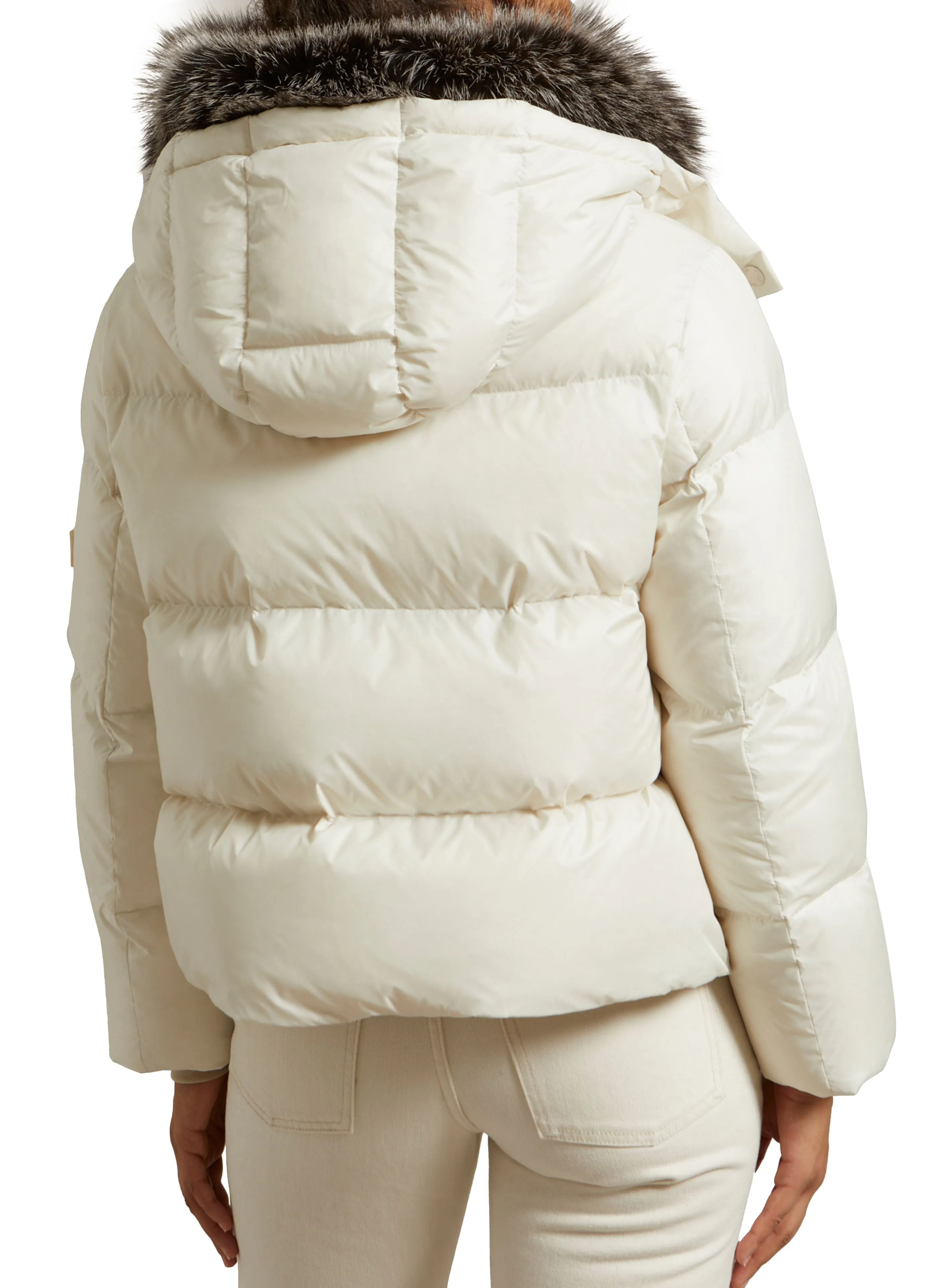 Short "A" line down jacket in water-repellent technical fabric with fox fur collar