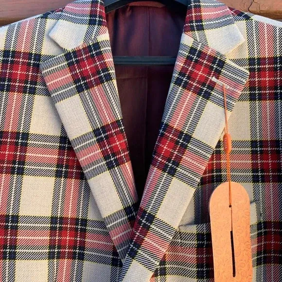 Tallia Mens Slim-Fit Cream and Red Tartan Sport Coat, Size 40Regular