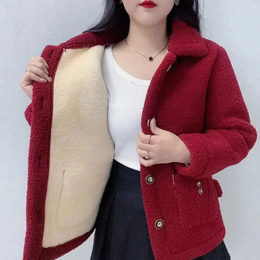 Thicken Warm Faux Lamb Wool Coat 2023 Autumn Winter Loose Long-sleeve Outerwear Solid Women Jacket Parkas Casual Tops