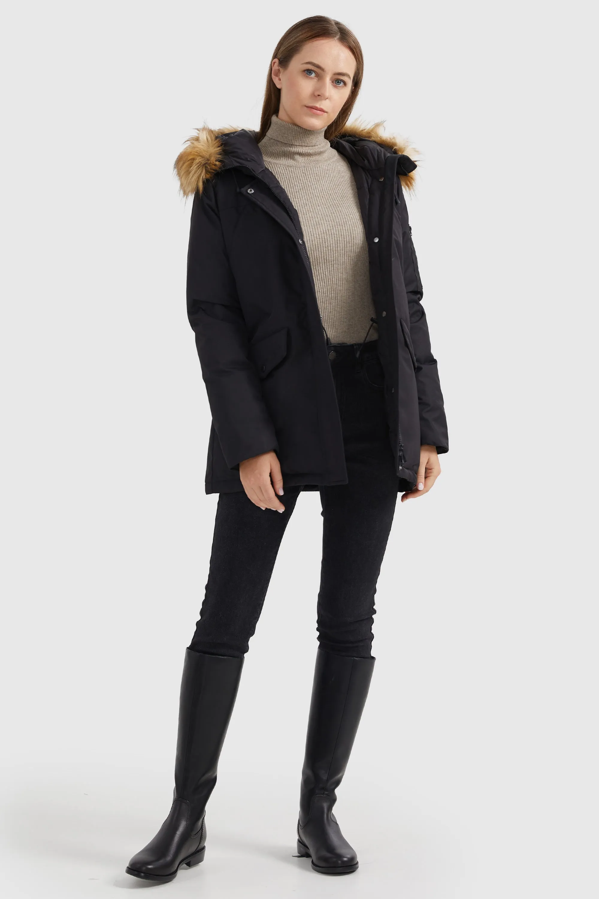 Thickened Down Coat with Faux Fur Trim Hood