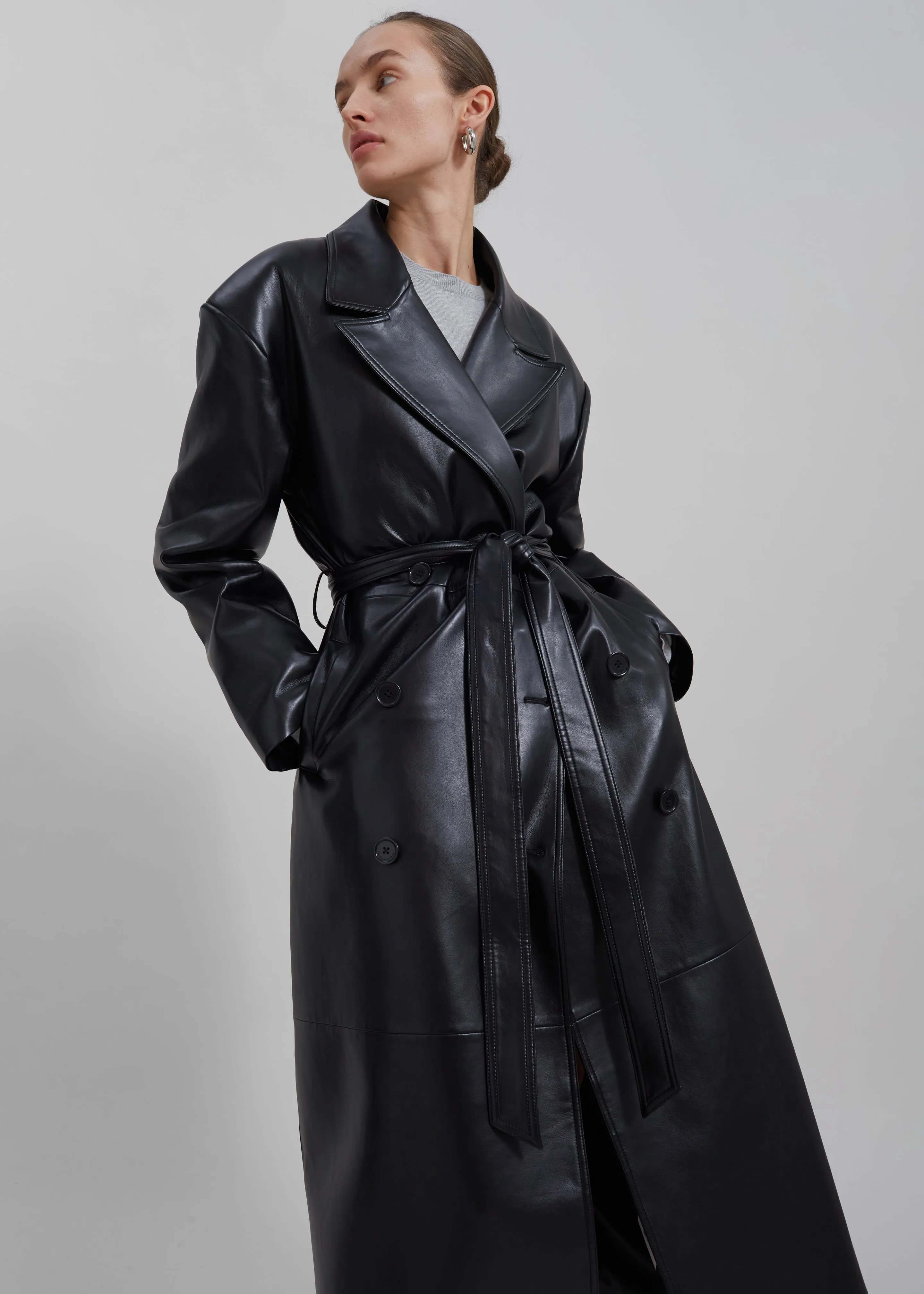 Tina Faux Leather Trench Coat - Black