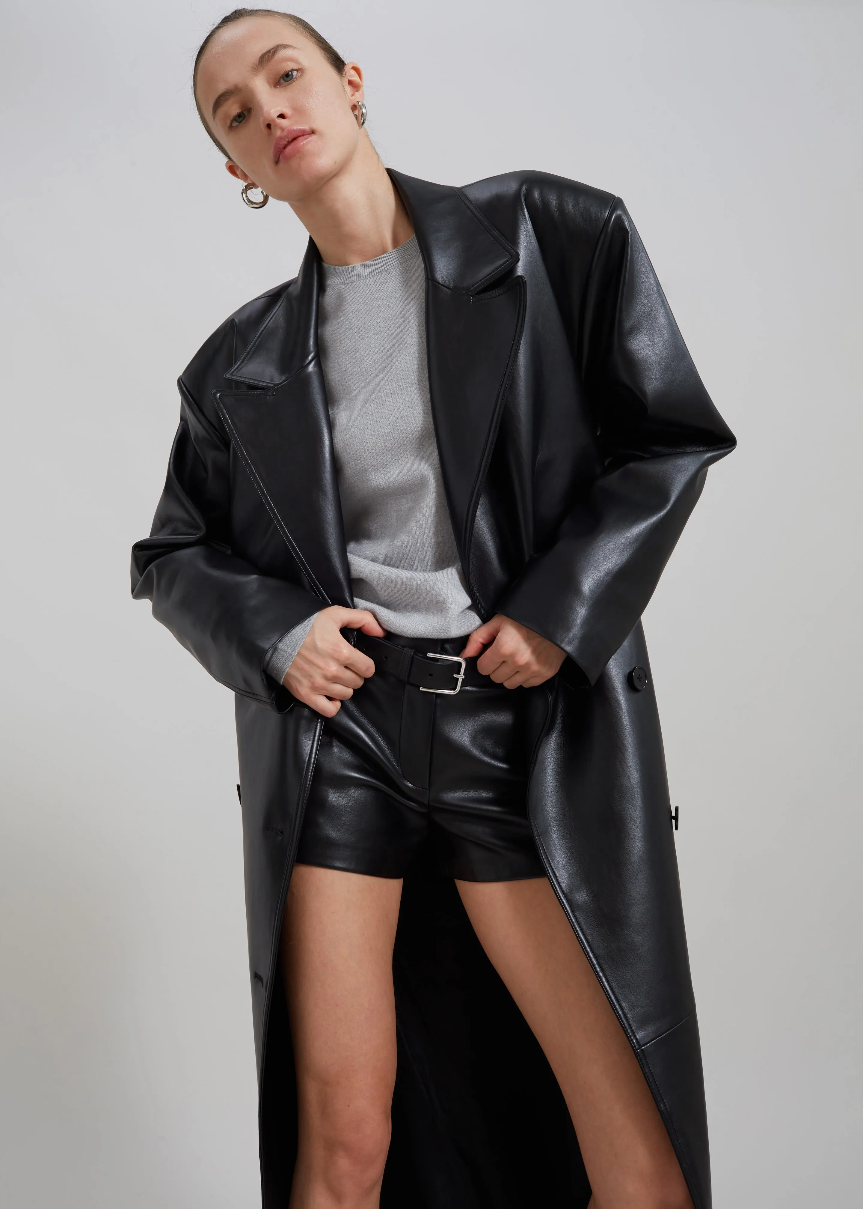 Tina Faux Leather Trench Coat - Black