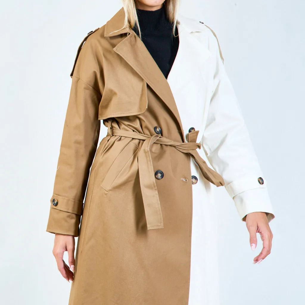 Trendy two-tone long trench coat wholesale