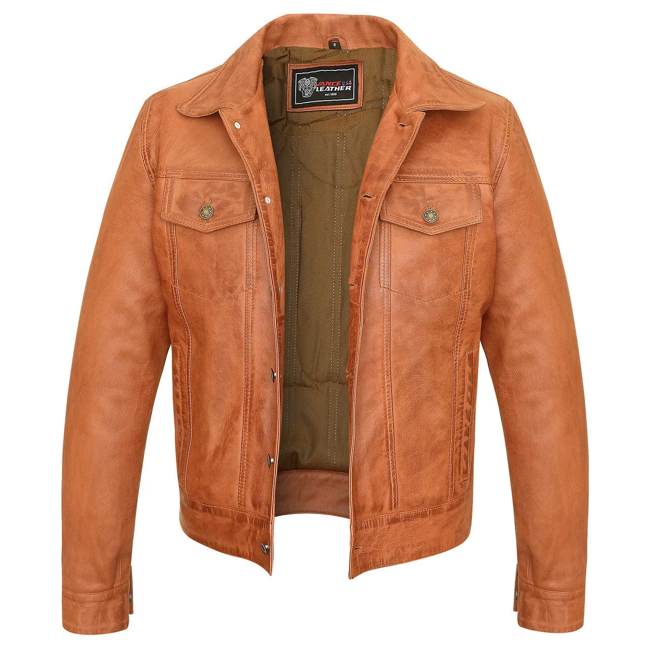 Vance Leathers' Mens Austin Brown Premium Classic Motorcycle Trucker Leather Jacket