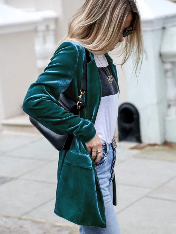 Velvet Mid-Length Jacket Blazer Tailored for Autumn