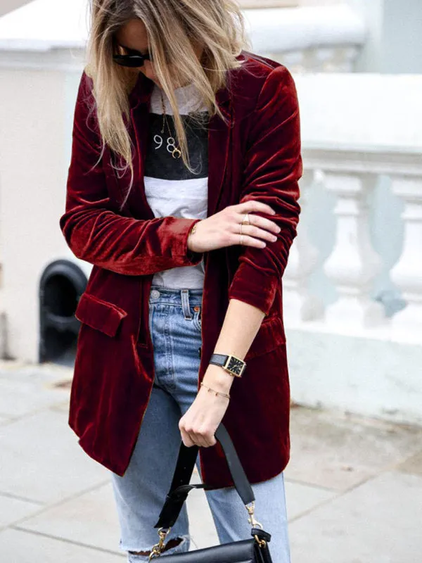 Velvet Mid-Length Jacket Blazer Tailored for Autumn